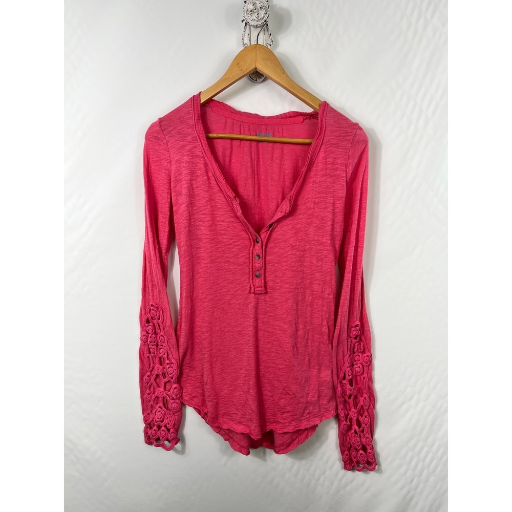Mudd Crochet Sleeve Cuff Henley Button Shirt Pink Small Y2K‎